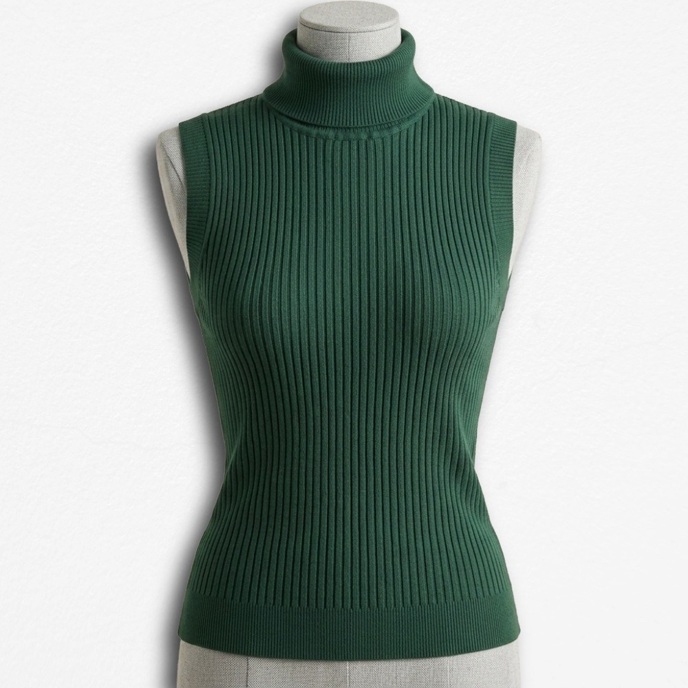 Unbranded Dark Green Ribbed Sleeveless Turtleneck Sweater Knit Top Forest Green